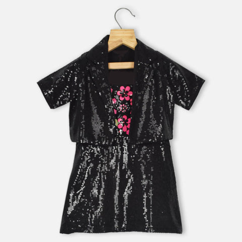 Black Floral Embellished Sequins Dress With Jacket